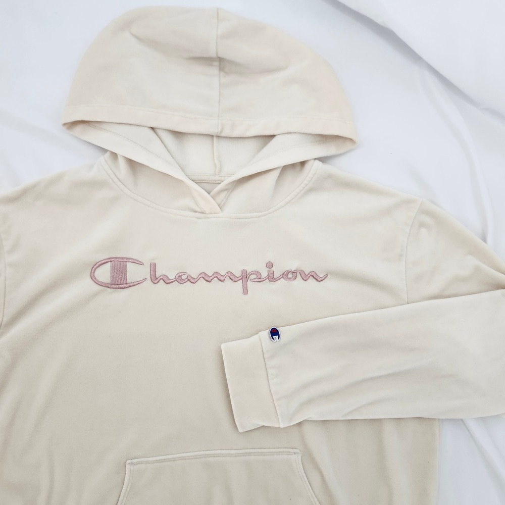 Champion Velour Cream Pink‎ Logo Hoodie Pullover Womens Small Athleisure Lounge